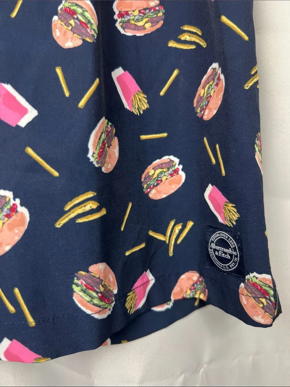 Abercrombie Kids Navy Blue Burger and Fries print swim performance casual shorts